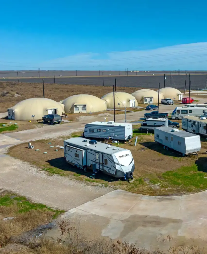 Full hookup RV sites and dome units from the air at The Domain, Aransas Pass, Texas