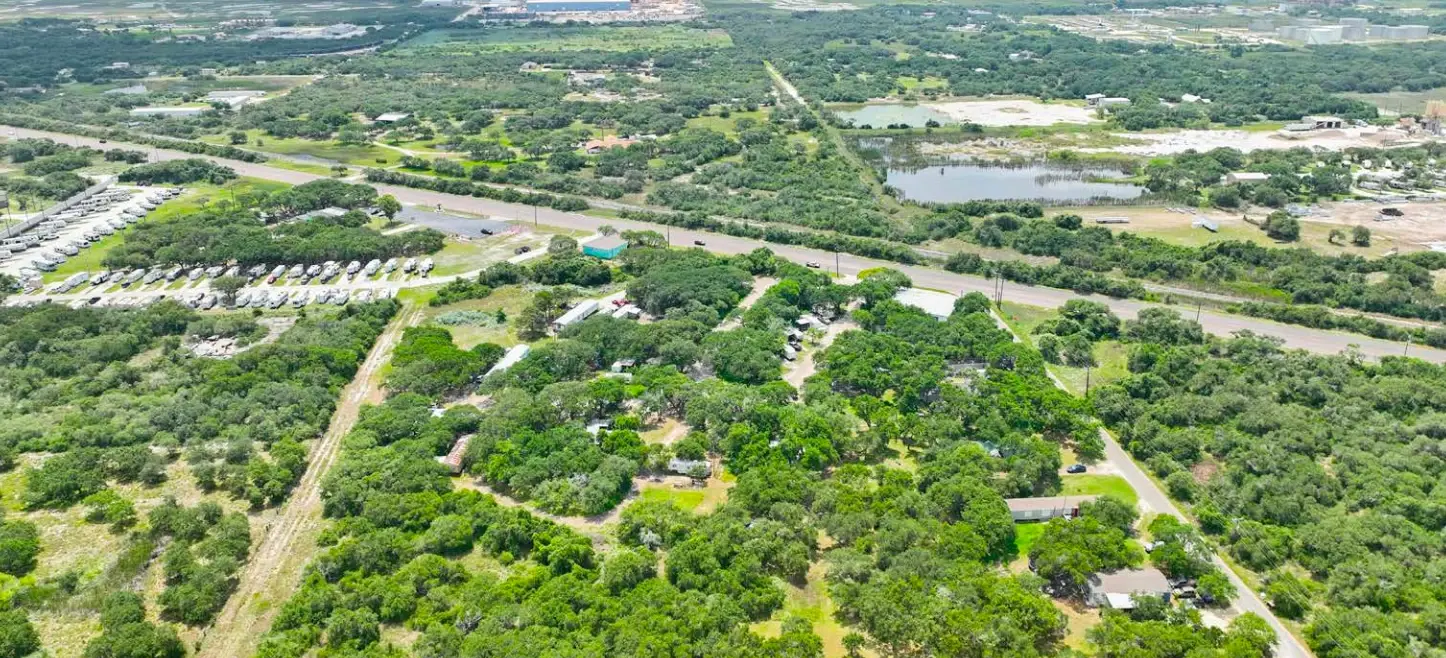 Panoramic aerial of Indian Trails RV Park and Highway 361 in Ingleside, Texas