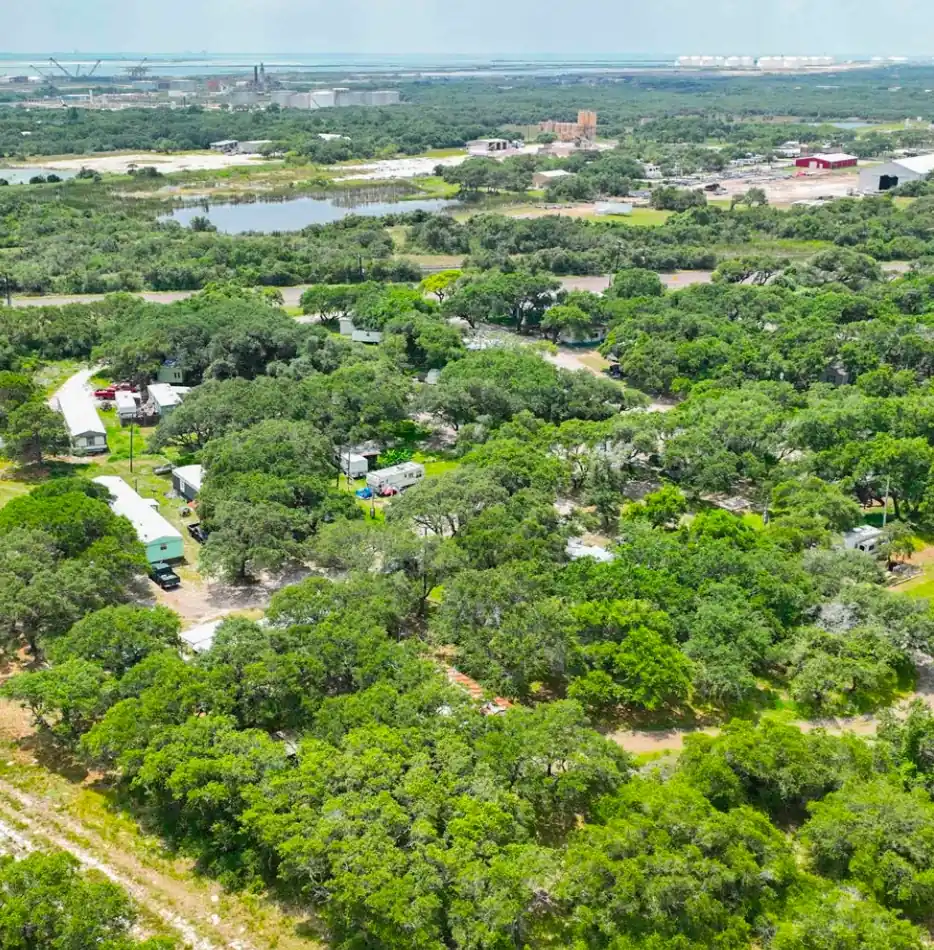 Aerial view of Indian Trails RV Park and Mustang Storage along Highway 361 in Ingleside, Texas